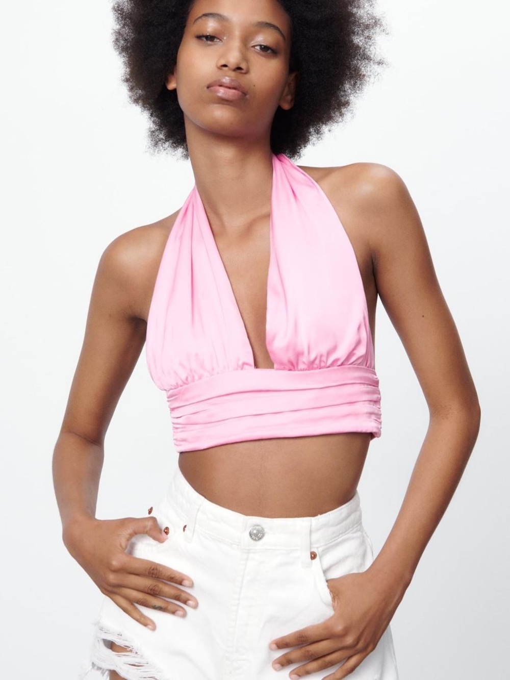 ZARA Pink Satin V Neck, Pleated Hem Cropped Halter Top
XS